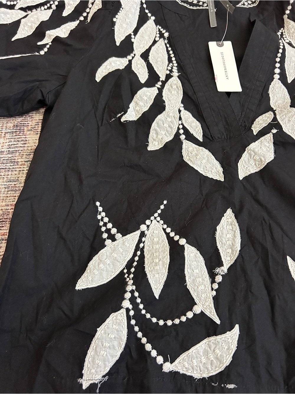 Anthropologie Black Top with White Leaf Embroidery - Picture 3 of 4